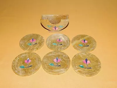 Vintage Kitchen Dining Set Of 6 Flower Abalone Coasters In Holder • $125.99