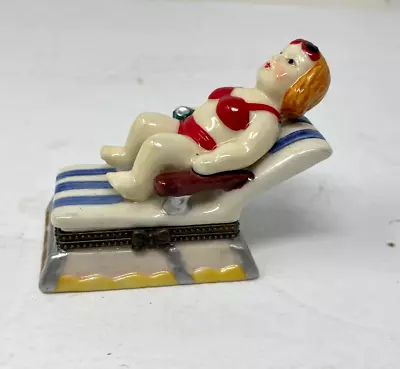 Vintage Ceramic Sunbathing Lady Trinket Box With Original Sunglasses Trinket • $19.99