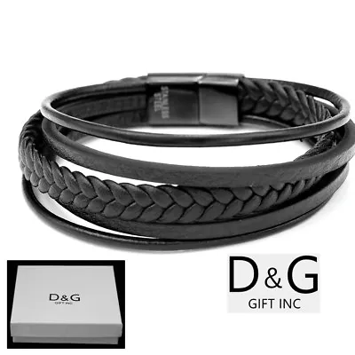 DG Men's 8  Stainless SteelBlack Braided Leather*MagneticBracelet*Unisex.BOX • $19.98