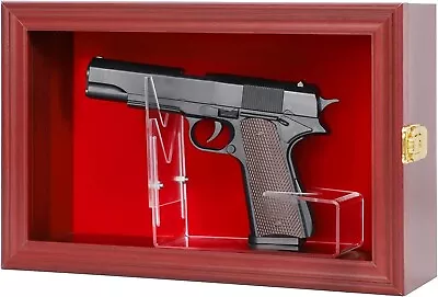 Gun Display Case Cherry Red Wood Handgun Pistol Revolver 98% UV Lock Shadow Box • $89.99