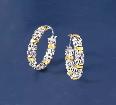 ROSS+Simons Sterling Silver W 14kt Yellow Gold Byzantine Hoop Earrings D=1  BNEW • $89