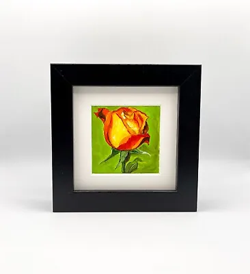 Yellow Rose Original Oil Painting-FRAMED Red Orange Flower Paintingxmas Gift • £50