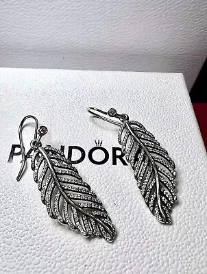 Genuine Pandora LIGHT AS A FEATHER Dangle Earrings Silver ALE 925 CZ Stones VGC • £40