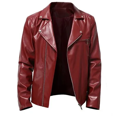 Mens Motorcycle Biker Jacket Lapel Casual Streetwear Fashionable Pu Leather Coat • $47.36