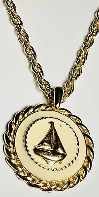 Vintage Nautical Sailboat Cream Enamel Gold Tone 18” Chain Necklace • $0.99