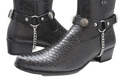 Men Indian Metal Silver Chain Fashion Western Shoe Boot Black 2 Band Rider Biker • $33.99
