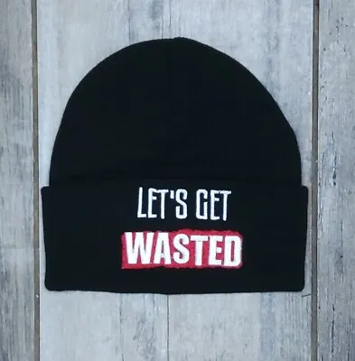 Genuine Darkside LET'S GET WASTED Beanie Offensive Black Hat Cap Ladies Mens Fun • £10.95