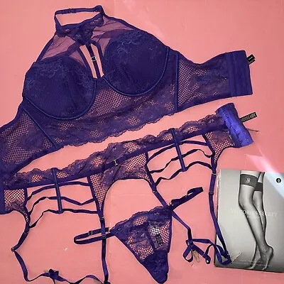 Victoria's Secret M-DD 36DD CORSET BRA TOP SET+garter+thong PURPLE FISHNET Lace • £115.69