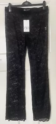 Zara Black Stretch Lace Scalloped Hem High Waist Straight Leg Leggings Sz L BNWT • £0.99