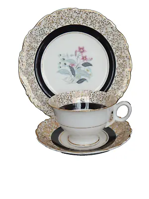 Vintage Trio Black Floral 22kt Gold Gilding Cup Saucer Large Side Plate • £6.75