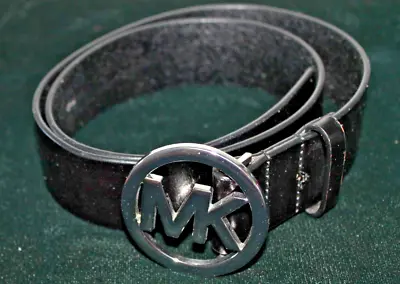 Michael Kors Black Genuine Leather Silver MK Signature Logo Buckle Belt Size S • $29.99