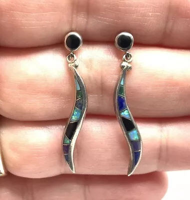 Native American Signed AV Sterling Silver Opal Lapis Sugilite Dangle Earrings • £7.22