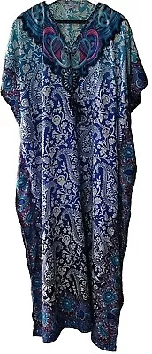 VTG One Size Kaftan Mumu House Dress Royal Blue Pink Paisley Floral Cinch Cord • $18.40