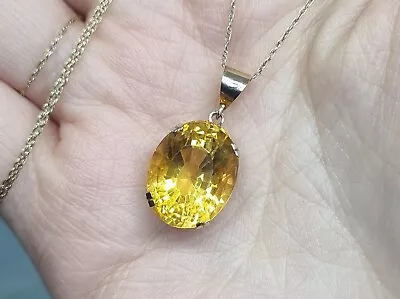 Antique Edwardian Solid 9ct Yellow Gold Drop Pendant 8.8ct Oval Yellow Citrine • £120