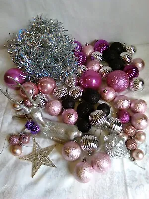 Vintage Bulk 60 Christmas Decorations Pink Silver Black Reindeer Owl Star Tinsel • $25