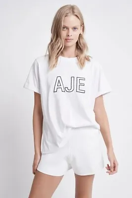 NWT Aje Women's Crafted Cotton Jersey Tee Rolled Cuffs Sleeve Relaxed Fit Top XS • $55.99