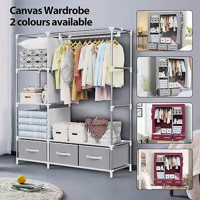 Canvas Wardrobe 105*45*165cm Wardrobes For Bedroom With 3 Storage Boxes Grey/Red • £31.99