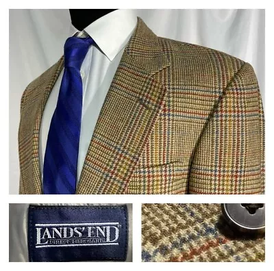 Lands End VTG USA Bold Plaid Tweed Lambs Wool Sport Coat Jacket Multicolor 43L • $49.95