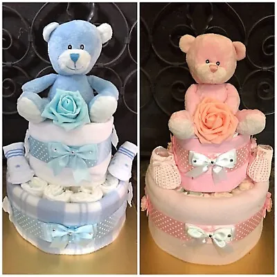 Pretty Two 2 Tier Nappy Cake With Teddy Baby Girl Boy Baby Shower Newborn Gift • £26.99