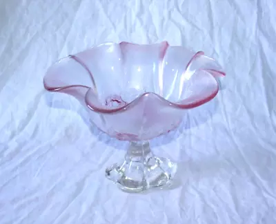 Vtg Mikasa Rosella Pink Glass Pedestal Bowl With Petal Edge And Flowers • $12.95