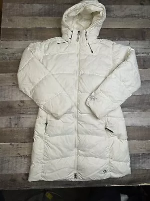 MOUNTAIN HARDWEAR Women M Down Parka Jacket Ivory Long Hooded Puffer Worn Zip Up • $39.99