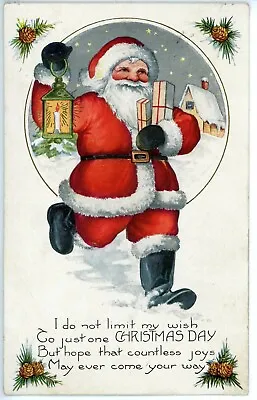 Vintage Christmas Postcard Whitney Santa Claus Lantern Gifts Snow Pine Cones • $7.95