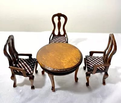 Vintage Dollhouse Miniature Round Table With Striped Padded Chairs • $13.45