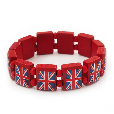 UK British Flag Union Jack Red Stretch Wooden Bracelet - Up To 20cm Length • £7.99