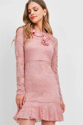 Mauve Pink Lace Overlay Vintage Inspired Pencil Dress Size Medium Long Sleeve  • $29.95