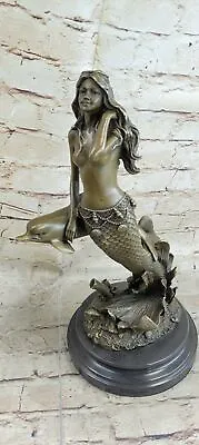 Vintage Signed Vitaleh Genuine Bronze Large Size Mermaid Dolphins Decor Nude • $349