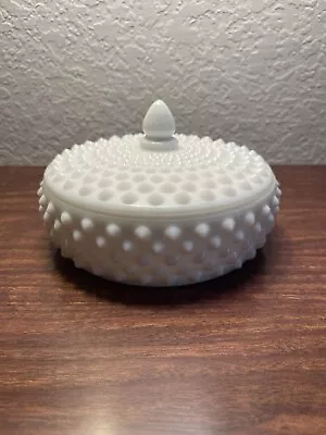 Vintage Fenton Hobnail Milk Glass Round Lidded Candy Dish 6 1/2  • $20