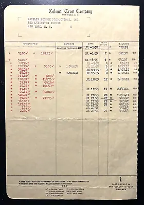 Marilyn Monroe Prod. One-of-a-kind Orig. July 1955 Bank Account Statement!!!!! • $749.50