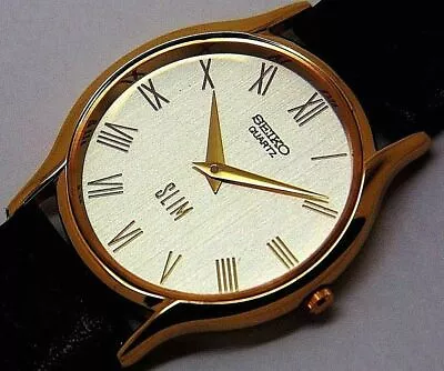 Seiko Golden Dial Quartz Super Slim Men's Wrist Watch Gold Plated Excellent • $23.99