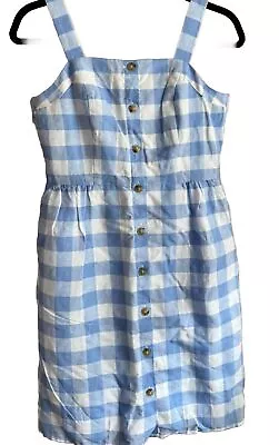 J. Crew Linen Button Front Blue Gingham Sun Dress Size 0 Checked Altered Strap • $25.35