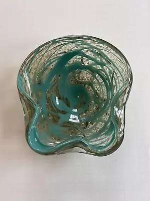 Vtg Murano Art Glass MCM Dish Bowl Gold Aventurine W/Aqua Blue Swirl (B) • $44.92