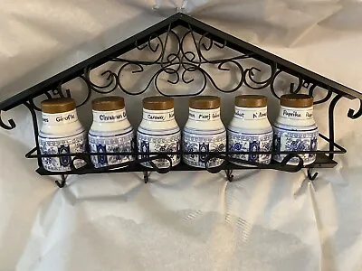 Vintage 7 Piece Blue & White Spice Jar Set 6 Jars Metal Rack Japan • $39.99