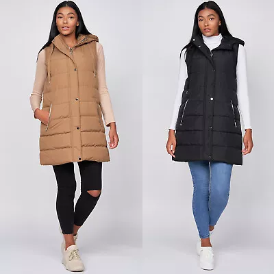 Womens Ladies Mid-Length Quilted Padded Gilet Hooded Bodywarmer Sleeveless Coat • £36.95