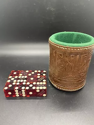 Vintage Tooled Leather Dice Cup Shaker Aztec Mask Felt Lined With Casino Dice • $28