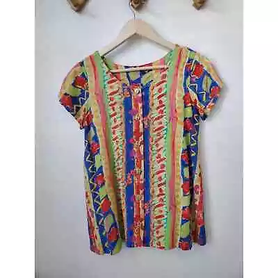 80s Neon Abstract Button Front Blouse Art To Wear Funky S Summer • $13.98