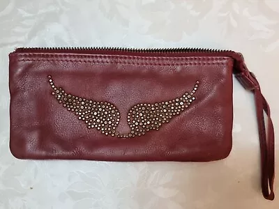 Zadig & Voltaire Burgundy Leather Rock Wings Studded Clutch Purse RRP £325 • £38