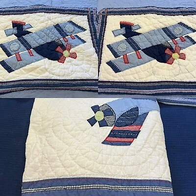 Kids Pottery Barn Propeller Airplane Quilt Matching Set Pillow Sham Twin 83x66 • $75