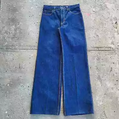 Vintage 70s Oz Jeans 31x33 Wide Leg Blue Chemin De Fer Loose Dark Leather Trim • $195.20