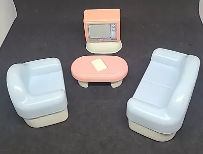 Vintage Little Tikes Dollhouse Living Room Furniture Chair Sofa TV  Coffee Table • $32.99