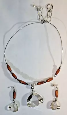 Vintage MCM Sterling Silver & Wood Beads Choker Necklace Pendant & Earrings - MB • $21.99