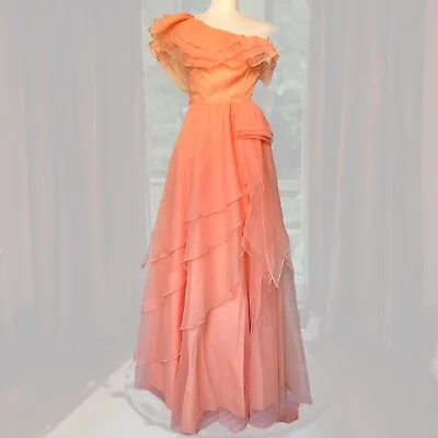 Vtg 70s Alyce Designs Peach Chiffon Fantasy Floor Length Ruffle Formal DressGown • $94