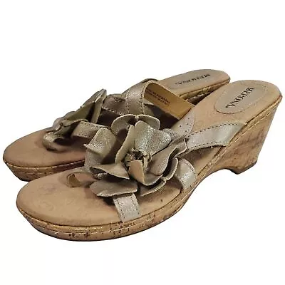 Merona Womens 8.5 Cork Wedge Slip-on Leather Upper Taupe Flower 2.75  Heel  • $10.16