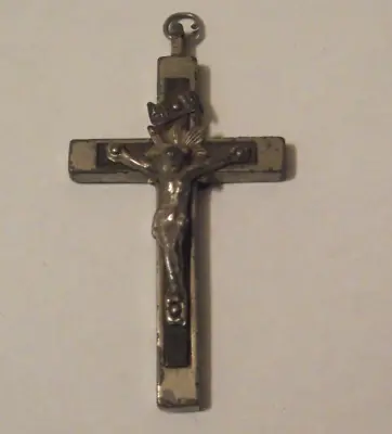 Antique Vintage 2.5  Nun's Pectoral Habit Crucifix Ebony Inlay Rosary Pendant • $50