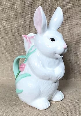 Whimsical White Bunny Rabbit And Tulips Ceramic Pitcher Kitsch Novelty • $22