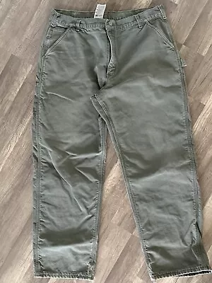 Men’s Cathartt Carpenter Duck Pants Moss Green Flannel Lined Sz 40x32 • $22.99