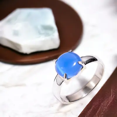 Gift For Her 925 Silver Natural Blue Cats Eye Statement Ring Size • $17.09